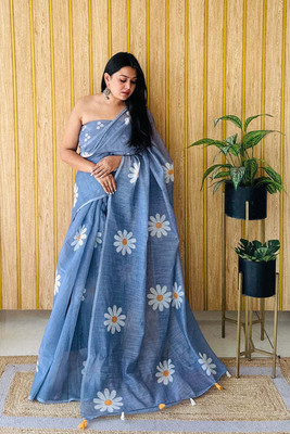 Aika Floral Print Daily Wear Linen Saree(Green)