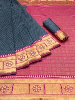 VRUKSHRAJ ENTERPRISE Woven Kanjivaram Jacquard, Pure Silk Saree(Grey)