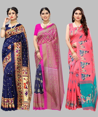 Nirvaan Printed Mysore Art Silk Saree(Pack of 3, Multicolor)