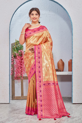 Heirlooms Woven, Self Design Banarasi Pure Silk Saree(Gold, Pink)