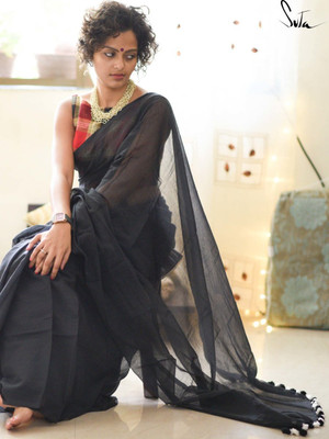 Binay textile Self Design Handloom Cotton Silk Saree(Black)