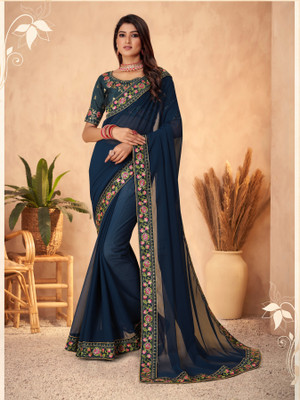 NAKSH CREATION Embroidered, Solid/Plain Bollywood Georgette Saree(Maroon)