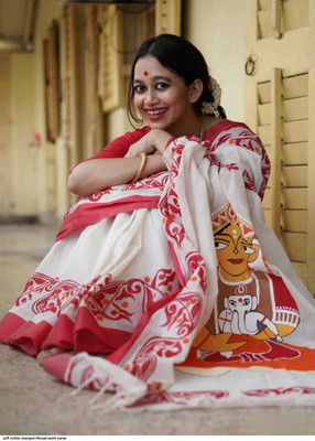 Raees Ethnic Printed Handloom Pure Cotton Saree(White, Red)