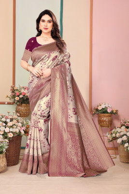 HouseOfCommon Woven, Animal Print Kanjivaram Pure Silk, Silk Blend Saree(Pink, Magenta)