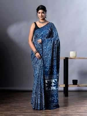 NaiNath Fab Hand Painted Handloom Pure Cotton Saree(Blue)