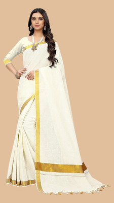 Meraru Solid/Plain Kasavu Cotton Blend Saree(White)