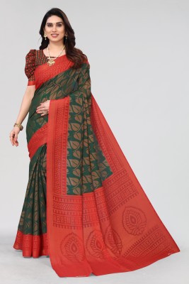 Winza Designer Self Design, Printed Daily Wear Chiffon, Brasso Saree(Dark Green, Red)