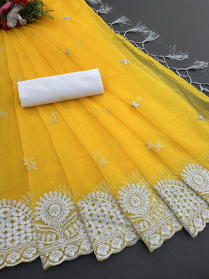 ChamundaTrends Embroidered, Floral Print Bollywood Cotton Silk Saree(Yellow)
