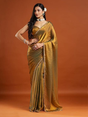 Drapevilla Solid/Plain Bollywood Silk Blend Saree(Gold)