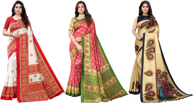 YASHIKA Printed, Woven Mysore Art Silk Saree(Pack of 3, Red, Pink, Gold)