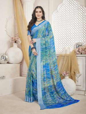 Vichitra Printed Bollywood Chiffon Saree(Blue)