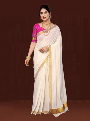 Gugaliya Embroidered Kasavu Pure Cotton Saree(Multicolor)