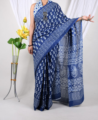 Threadier Printed Bollywood Pure Cotton Saree(Dark Blue)