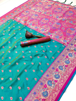 Divastri Printed Paithani Cotton Silk Saree(Blue)