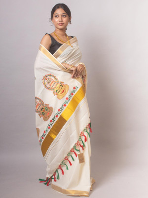 SIRAGUGAL TEX Embroidered Kasavu Cotton Blend Saree(White)