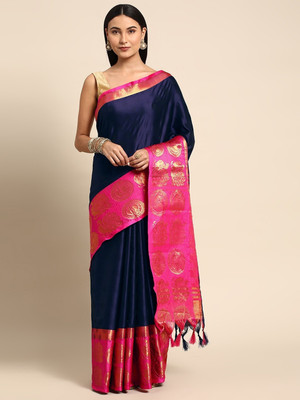 HouseOfCommon Woven, Checkered, Embellished, Self Design Banarasi Jacquard, Cotton Silk Saree(Dark Blue)