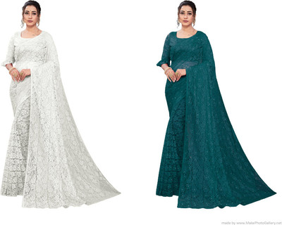 Nilkanthvarni Creation Self Design Bollywood Net Saree(Pack of 2, White, Light Green)