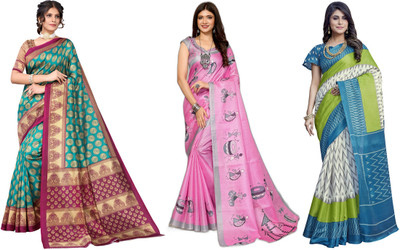 YASHIKA Printed Banarasi Art Silk Saree(Pack of 3, Blue, Pink, White)