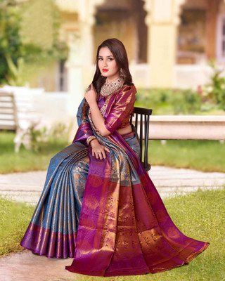jayant creation Self Design, Woven Banarasi Silk Blend, Jacquard Saree(Light Blue)