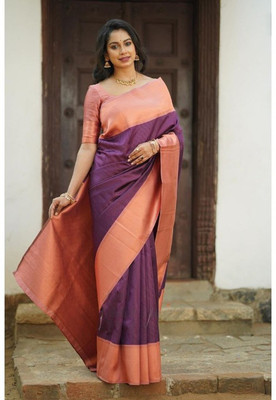 ESOMIC Striped Kanjivaram Pure Silk Saree(Purple)