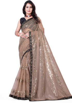 SROLY Embellished Bollywood Net Saree(Brown)