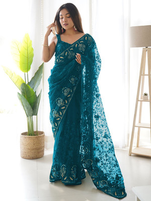 ANOUK Embroidered Chanderi Georgette Saree(Blue)