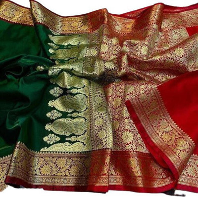 HouseOfCommon Woven Banarasi Jacquard Saree(Dark Green, Red)