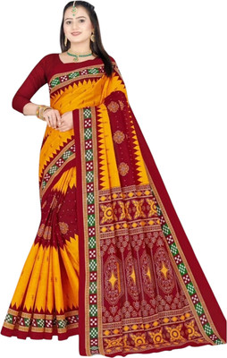 Odissi Fashion Printed Sambalpuri Pure Cotton Saree(Yellow, Maroon)