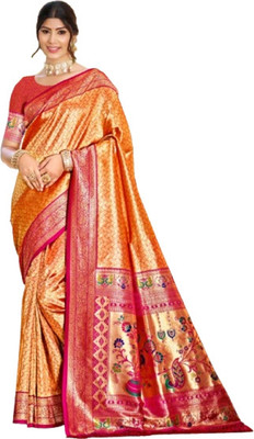 BUNAWAT Woven Kanjivaram Silk Blend Saree(Multicolor)