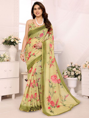 Moda Rapido Floral Print Bollywood Silk Blend Saree(Green)