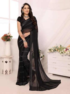 Moda Rapido Striped, Self Design Daily Wear Satin Saree(Black)
