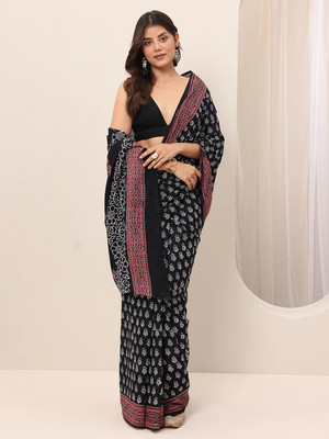 LIBAS Printed Daily Wear Cotton Blend Saree(Black)