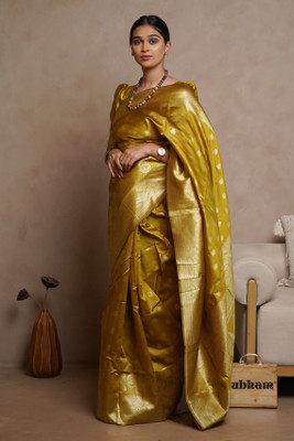 SUBHAM Woven, Embellished Kanjivaram Silk Blend Saree(Gold, Mustard)