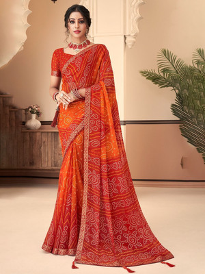 SainiVastra Printed Bandhani Chiffon Saree(Orange)