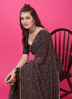 PRETTYAGE Printed, Solid/Plain Banarasi Georgette, Silk Blend Saree(Brown)