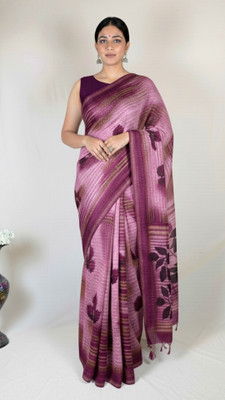 Banarashe Striped, Floral Print, Embellished Banarasi Georgette Saree(Maroon)