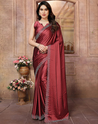 YASHIKA Embellished Bollywood Satin Saree(Maroon)