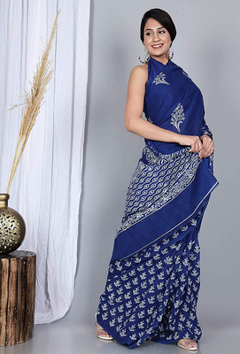 Sanganeri Print Printed, Blocked Printed, Digital Print, Dyed, Floral Print Daily Wear Pure Cotton Saree(Blue)