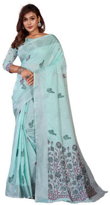 NEGRONI Printed Daily Wear Linen Saree(Light Blue)