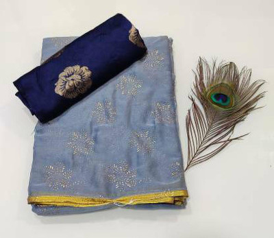 SiyaramHub Printed Bollywood Silk Blend, Chiffon Saree(Grey)