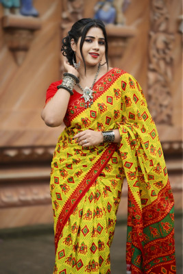 kalyani nx Printed Sambalpuri Pure Cotton Saree(Yellow, Red)