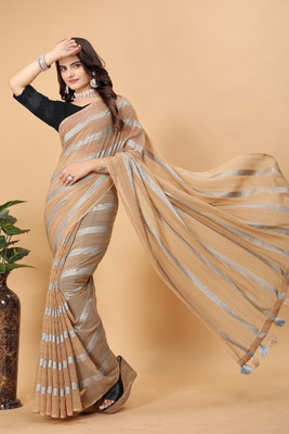 Riddhi textile Hub Striped Bollywood Chiffon Saree(Brown, Grey)