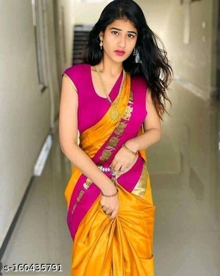 S S CREATION Woven Kanjivaram Pure Silk Saree(Yellow)