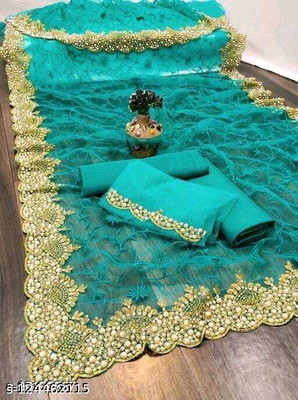 FINERFLY Embroidered Banarasi Net Saree(Light Green)