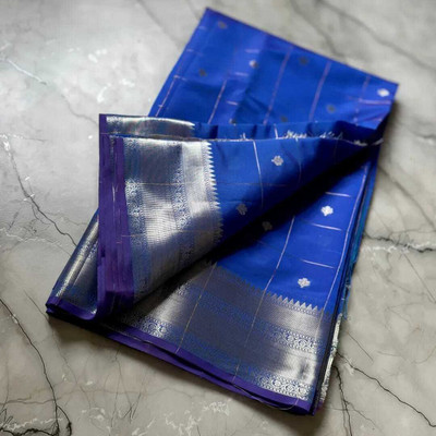 dujjanasilk Self Design, Woven Banarasi Silk Blend Saree(Blue, Silver)