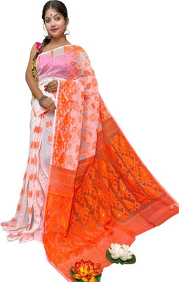 M STORE Printed Jamdani Cotton Silk Saree(White)