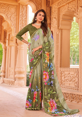 Laxmipati sarees Floral Print Saree with Attached Blouse Georgette Saree(Green)
