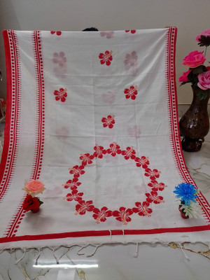 DPTEXTILE Printed Handloom Pure Cotton Saree(White)
