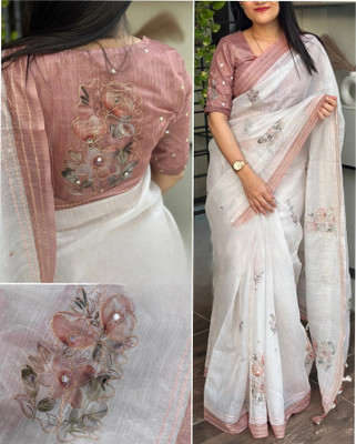 Drujha Printed Kantha Cotton Linen Saree(Beige)