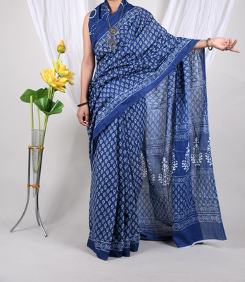 Threadier Printed Bollywood Pure Cotton Saree(Dark Blue)
